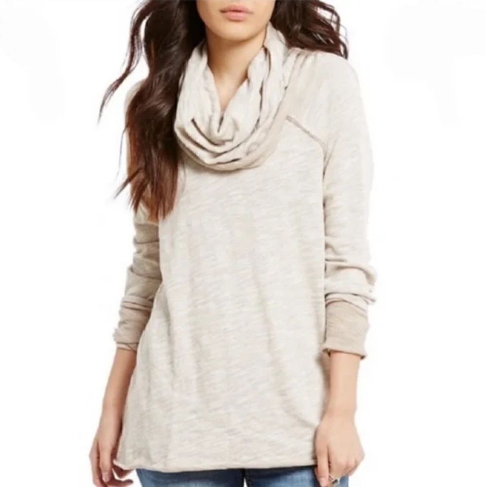 Free People Beach Cream And Tan Cocoon Cowl Neck Pullover Top Size S